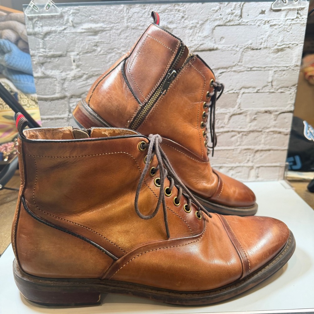 Madden Mens 9 Brown Leather Cap Toe Lace Up Ankle Boots Side Zip Dress Combat